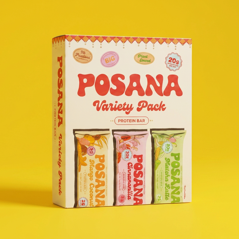 Posana Variety Pack box on yellow background — hero image