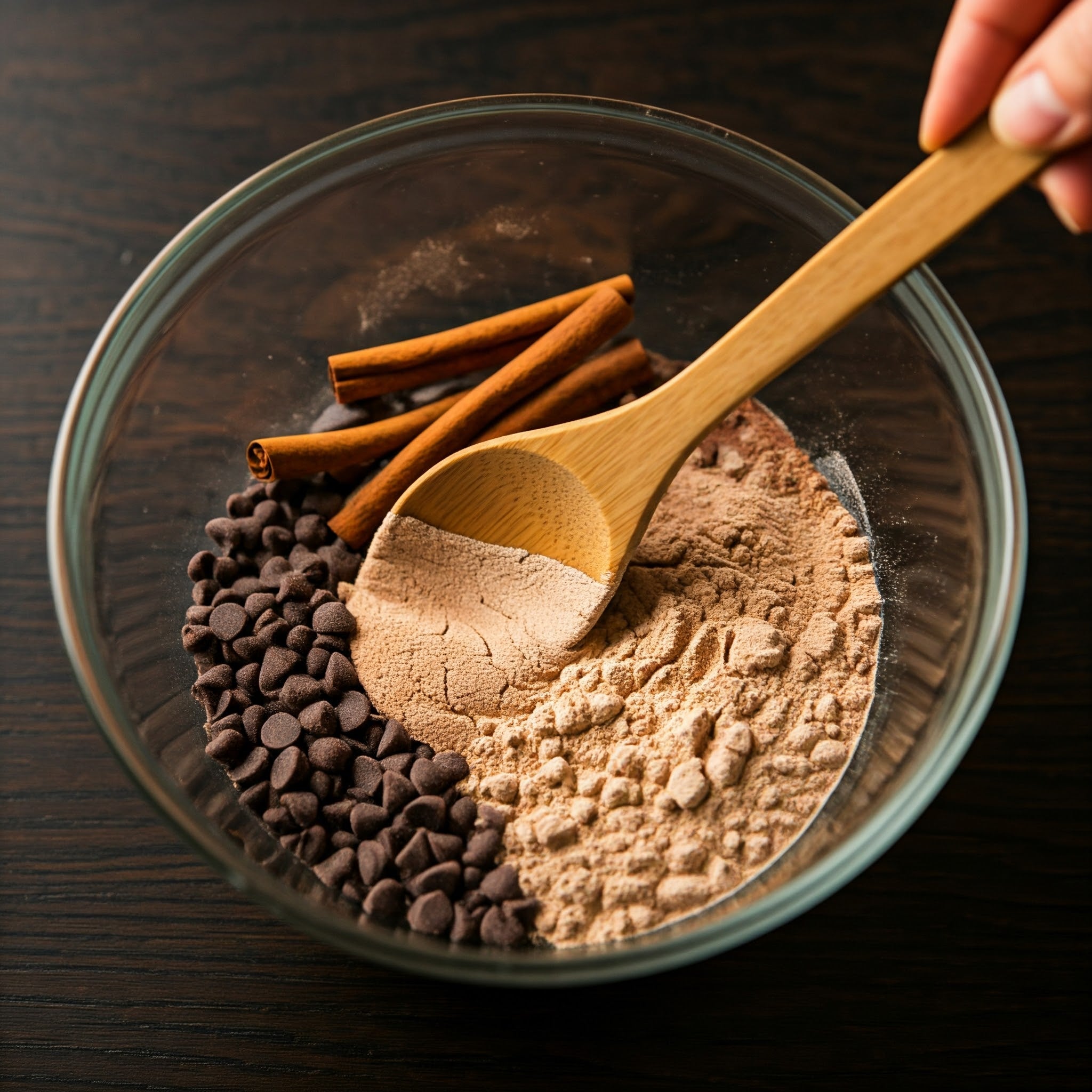 close-up photo of cinnavanilla protein bar ingredients, including chocolate chips and cinnamon