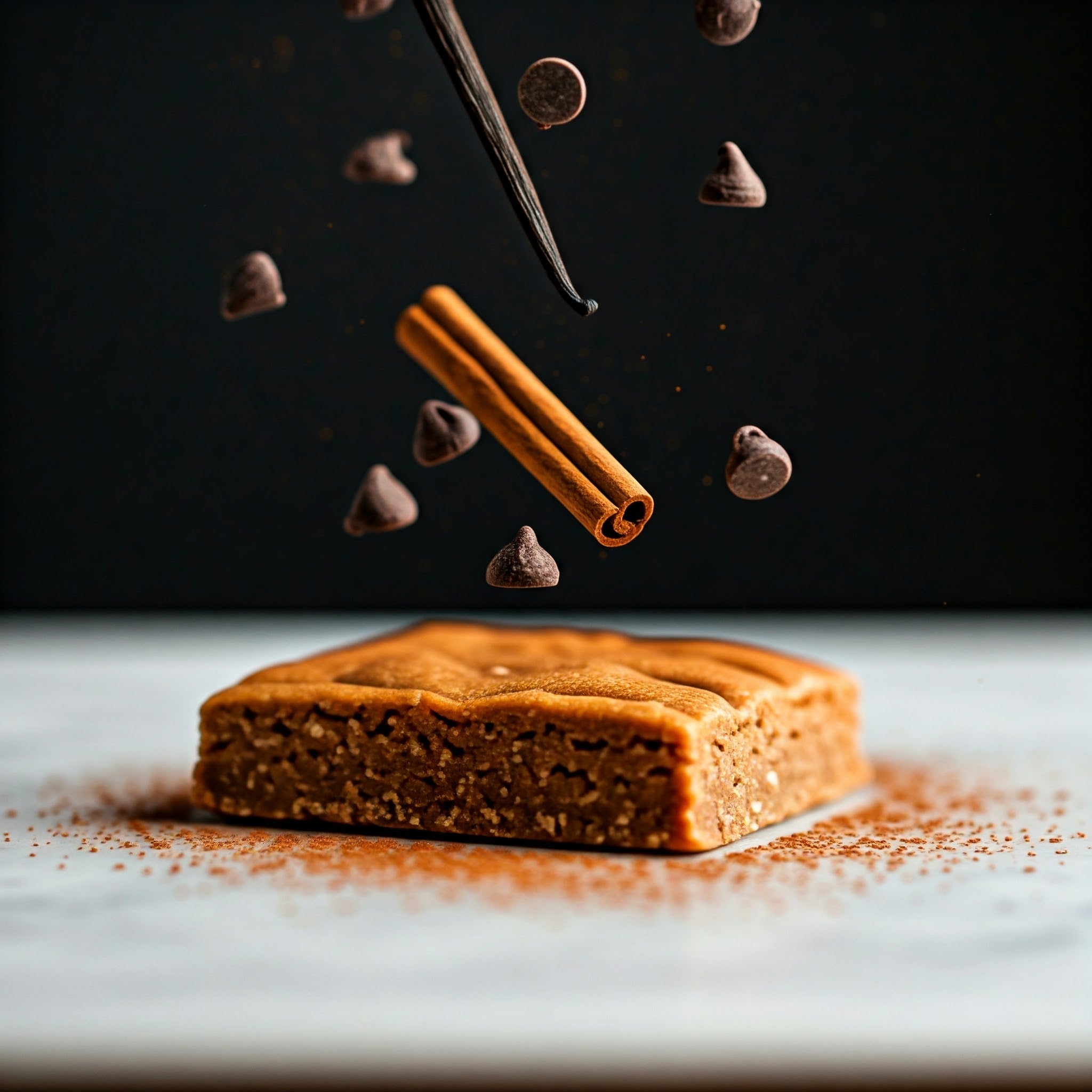 Close-up photo of Cinnavanilla protein bar with cinnamon sticks, chocolate chips, and vanilla 