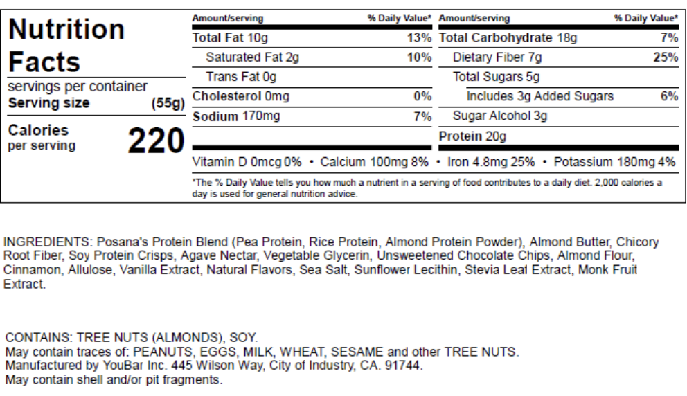 cinnavanilla protein bar nutrition label